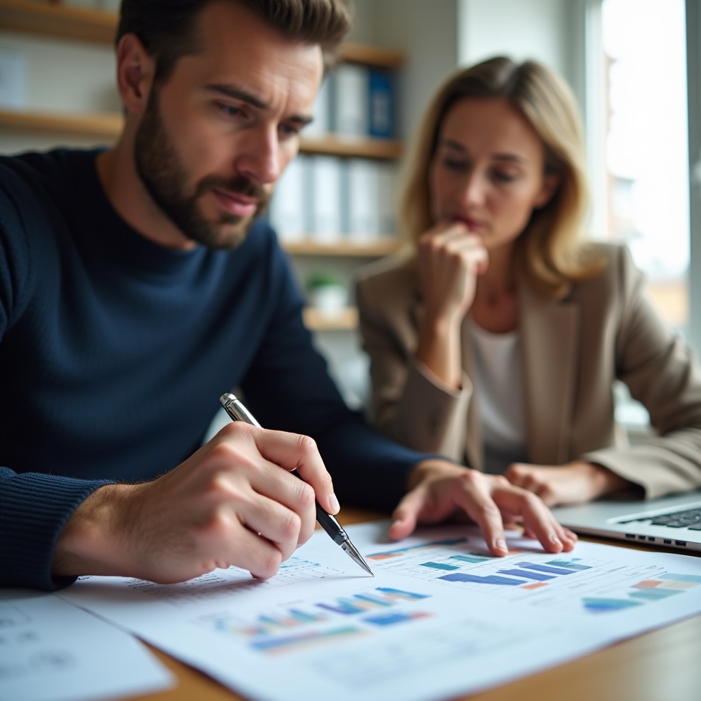 Consultor mostrando un informe impreso de consumo energético a un cliente en un despacho