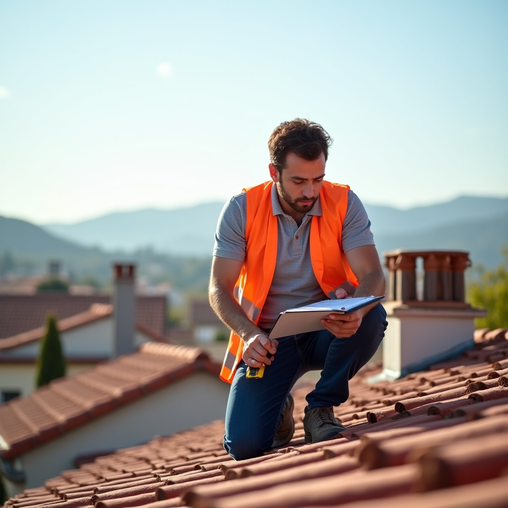 Consultor inspeccionando un tejado con una carpeta para valorar el espacio disponible para paneles solares
