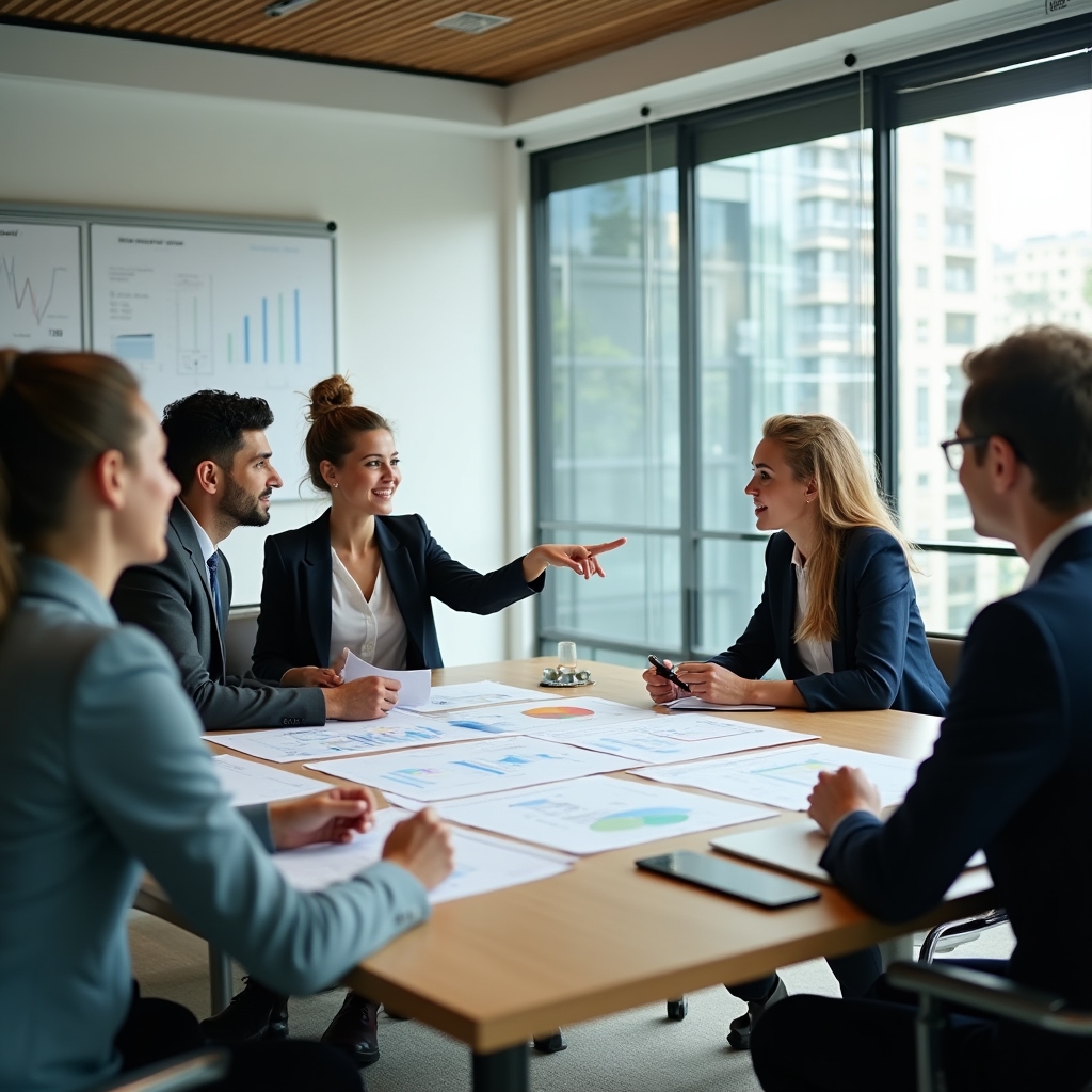 Equipo de consultoría energética reunido alrededor de una mesa revisando gráficos de consumo