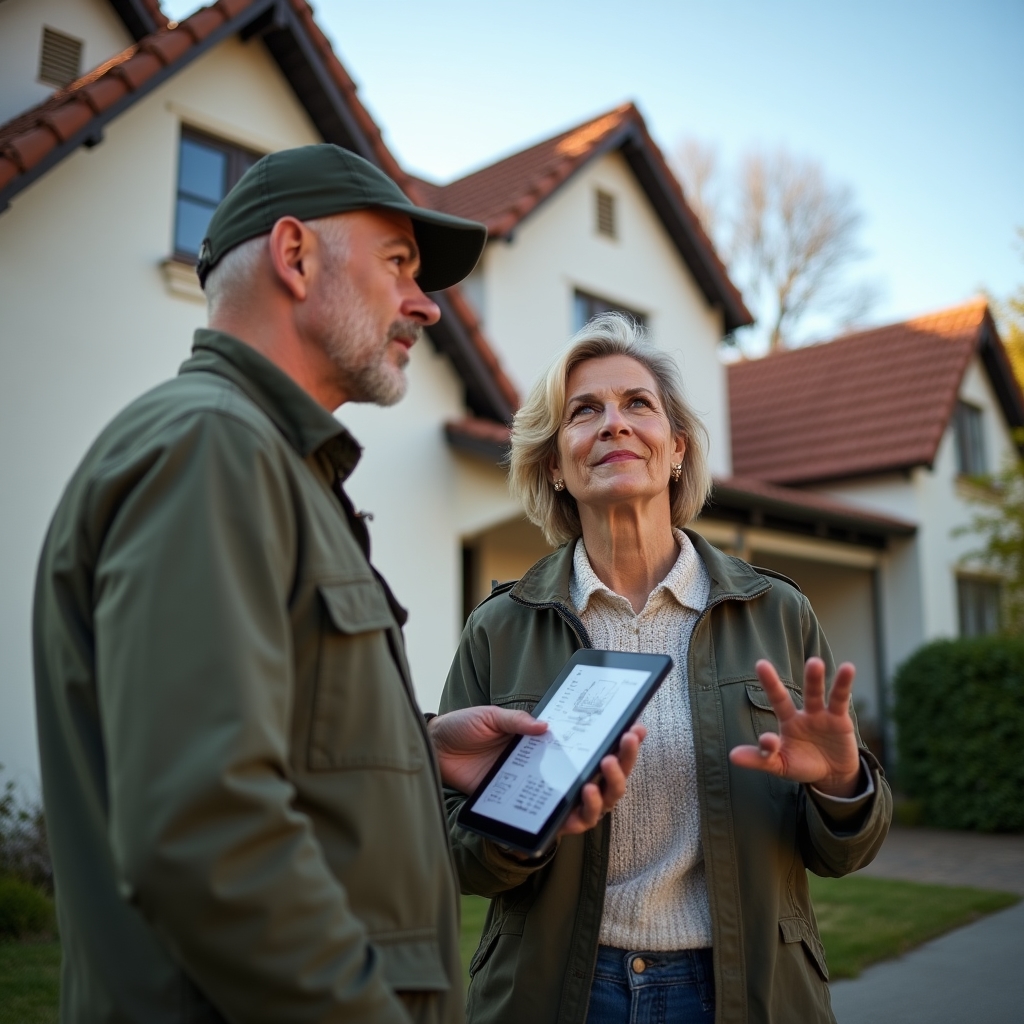 Consultor visitando la fachada de una vivienda junto al propietario para evaluar la orientación disponible